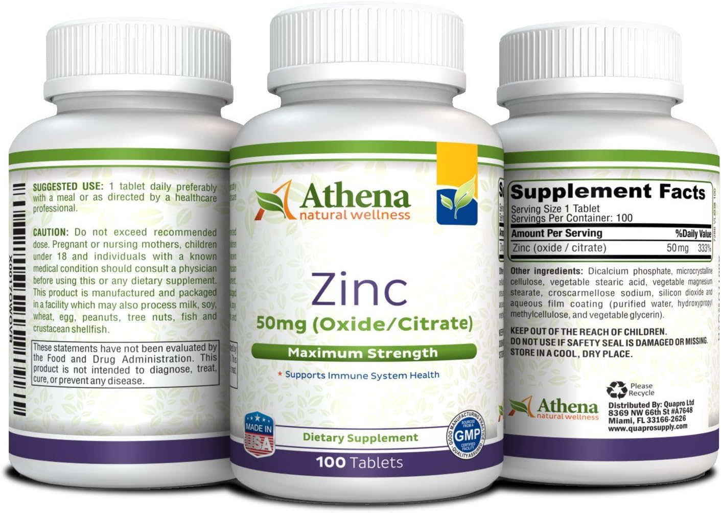 Athena Zinc Supplement Tablets 50mg - Oxide/Citrate - 100 Coated Tablets for Natural Wellness