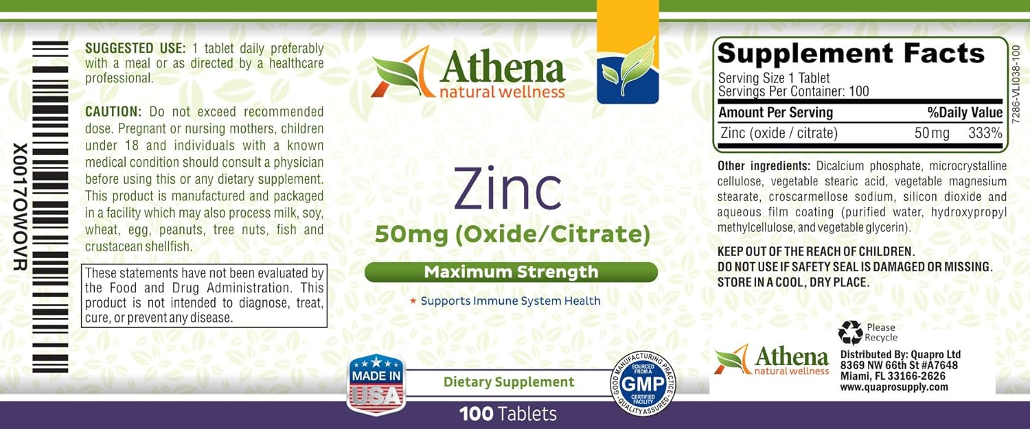 Athena Zinc Supplement Tablets 50mg - Oxide/Citrate - 100 Coated Tablets for Natural Wellness