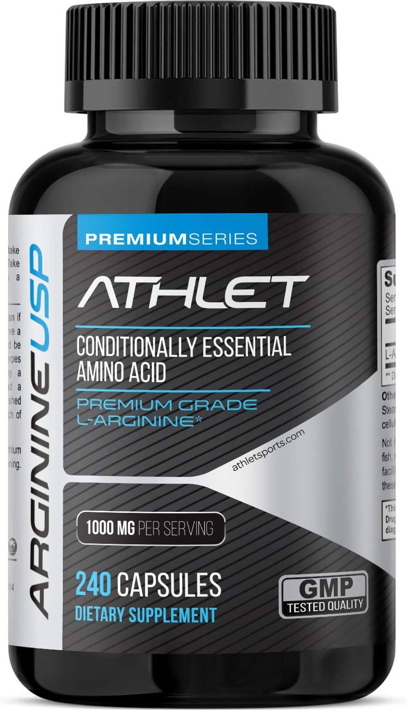 Athlet L-Arginine Supplement 1000mg - Promotes Nitric Oxide Levels, Blood Flow, Energy & Endurance - 240 Capsules for Men and Women