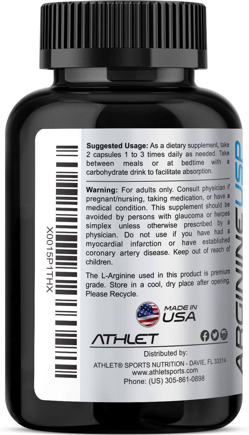 Athlet L-Arginine Supplement 1000mg - Promotes Nitric Oxide Levels, Blood Flow, Energy & Endurance - 240 Capsules for Men and Women