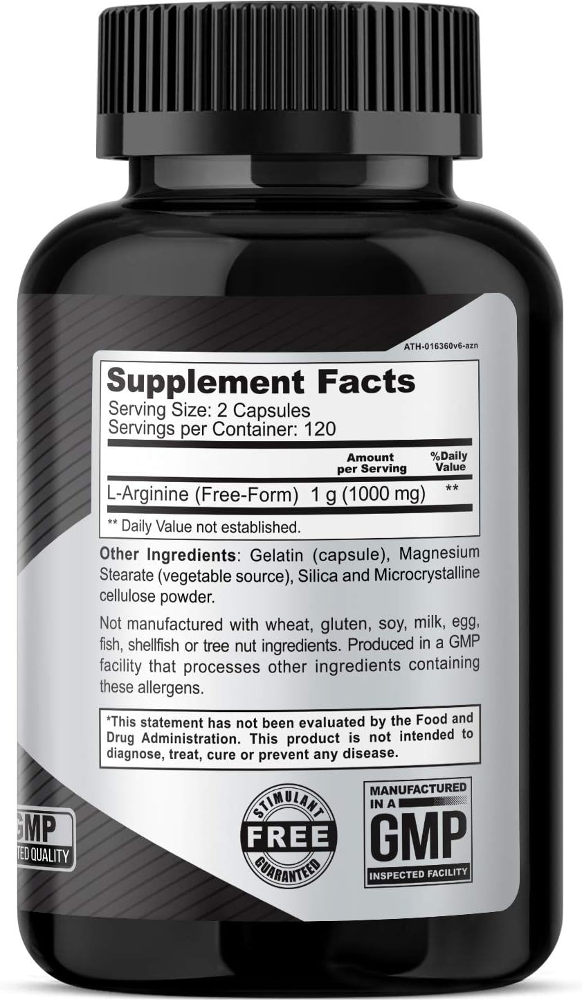 Athlet L-Arginine Supplement 1000mg - Promotes Nitric Oxide Levels, Blood Flow, Energy & Endurance - 240 Capsules for Men and Women