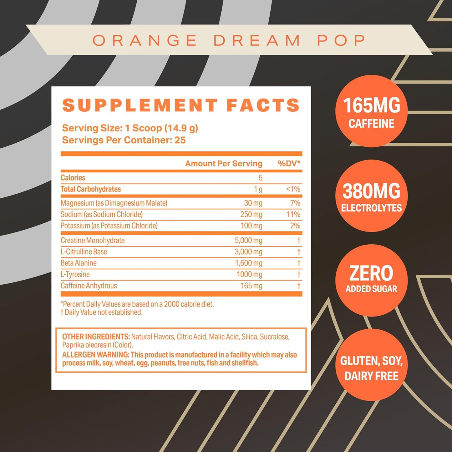 Athlete Pre Workout Powder, Orange Dream Pop Flavor, 25 Servings, Contains Beta Alanine & Caffeine, Gluten/Soy/Dairy Free