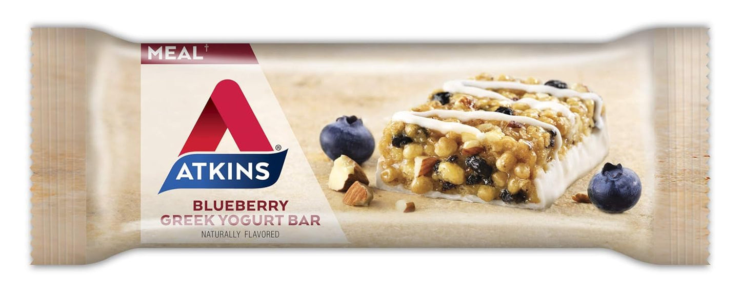 Atkins Blueberry Greek Yogurt Protein Meal Bar - High Fiber, 15g Protein, 3g Sugar, 5g Net Carbs - Keto Friendly Meal Replacement, 5 Bars