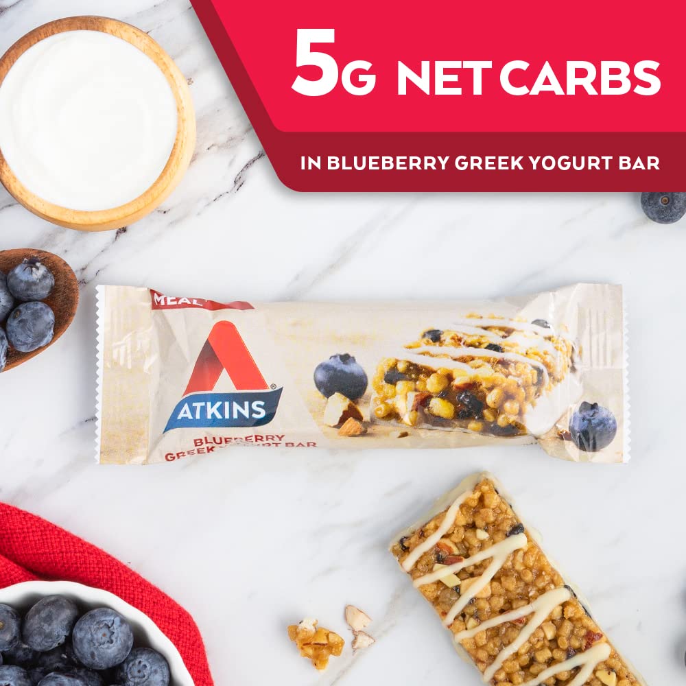 Atkins Blueberry Greek Yogurt Protein Meal Bar - High Fiber, 15g Protein, 3g Sugar, 5g Net Carbs - Keto Friendly Meal Replacement, 5 Bars