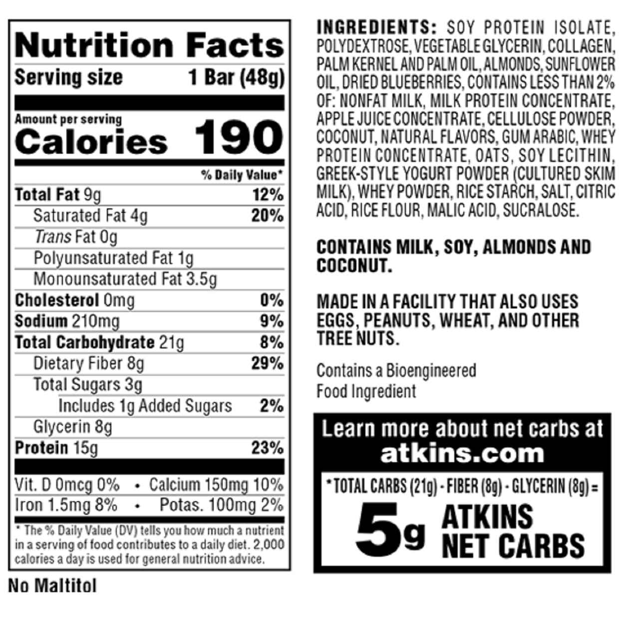 Atkins Blueberry Greek Yogurt Protein Meal Bar - High Fiber, 15g Protein, 3g Sugar, 5g Net Carbs - Keto Friendly Meal Replacement, 5 Bars