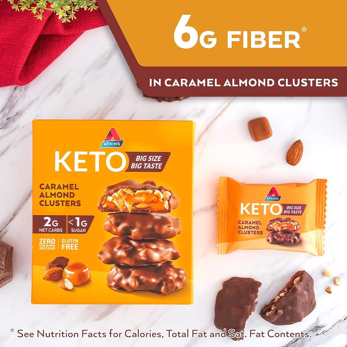 Atkins Caramel Almond Clusters: Gluten-Free, High-Fiber, Low Sugar, Keto-Friendly, 8-Pack