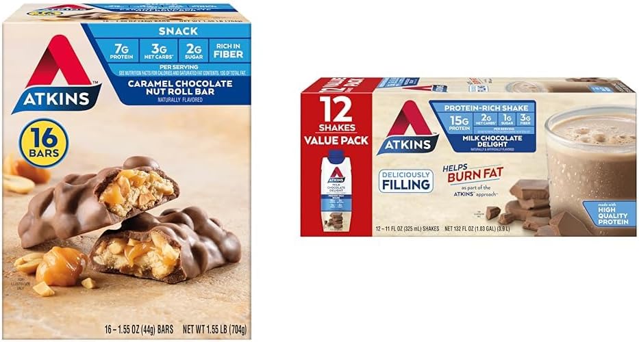 Atkins Caramel Chocolate Nut Roll Snack Bar & Milk Chocolate Delight Protein Shake Bundle - High Protein, Low Sugar, 16 Bars & 15 Shakes