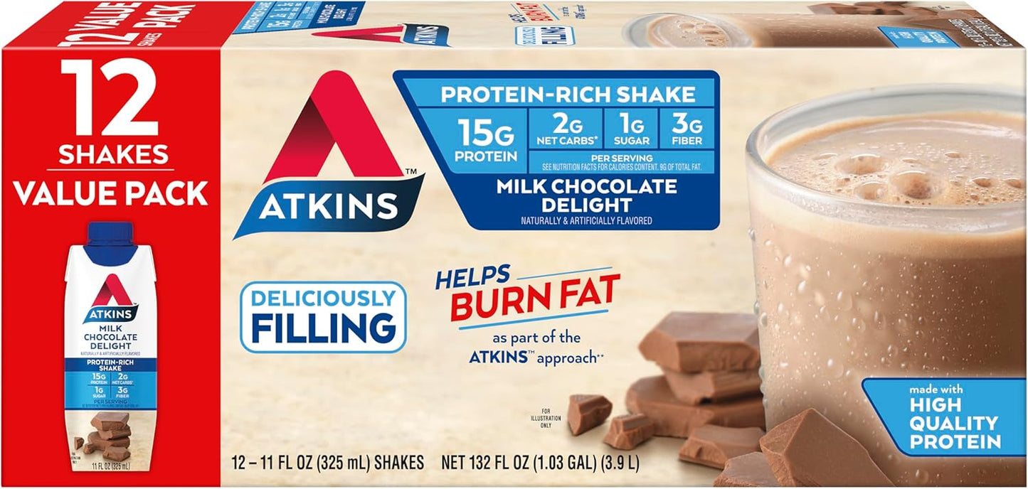 Atkins Caramel Chocolate Nut Roll Snack Bar & Milk Chocolate Delight Protein Shake Bundle - High Protein, Low Sugar, 16 Bars & 15 Shakes