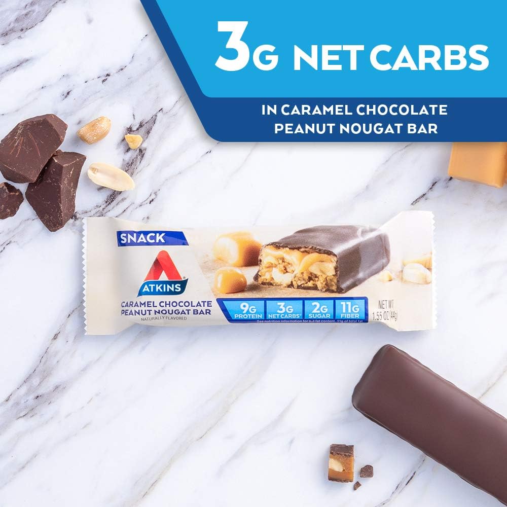Atkins Caramel Chocolate Peanut Nougat Snack Bar, High Protein, Low Sugar, Keto-Friendly, 5 Bars