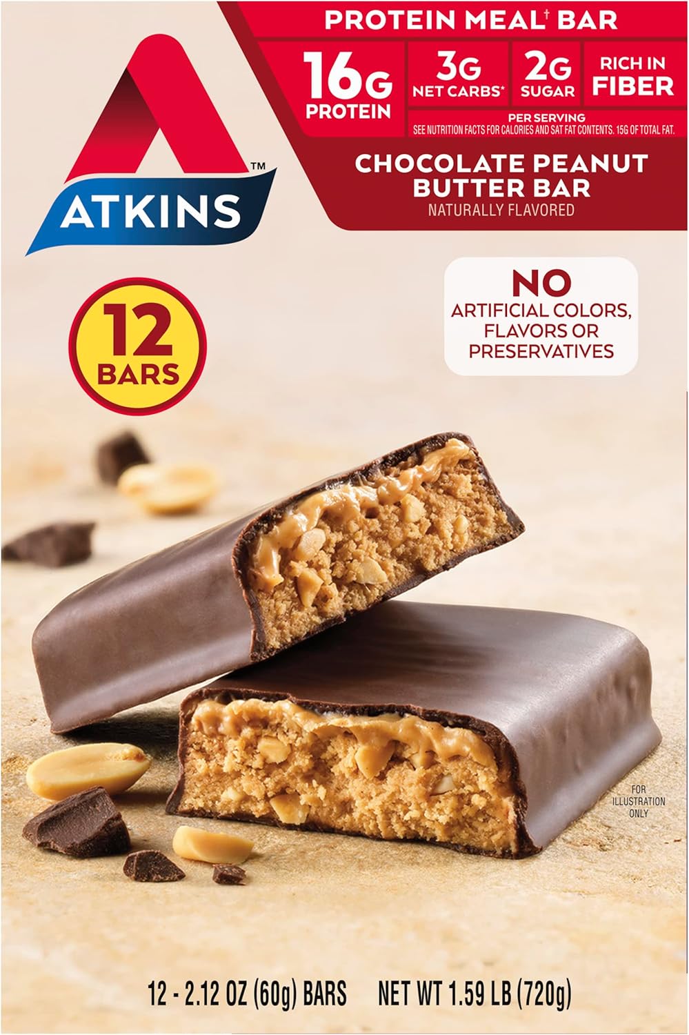 Atkins Chocolate Peanut Butter Protein Meal Bars - High Fiber, 16g Protein, 2g Sugar, 3g Net Carb - 12 Count - Meal Replacement, Low Carb, Keto Friendly