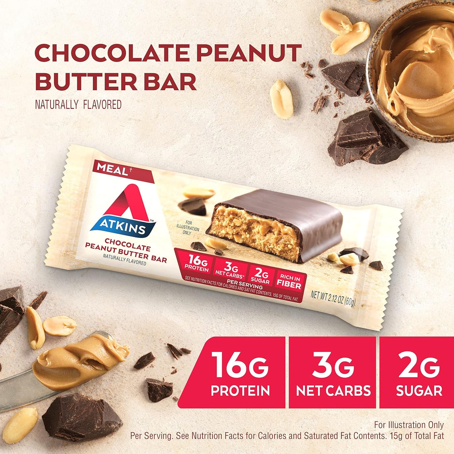 Atkins Chocolate Peanut Butter Protein Meal Bars - High Fiber, 16g Protein, 2g Sugar, 3g Net Carb - 12 Count - Meal Replacement, Low Carb, Keto Friendly