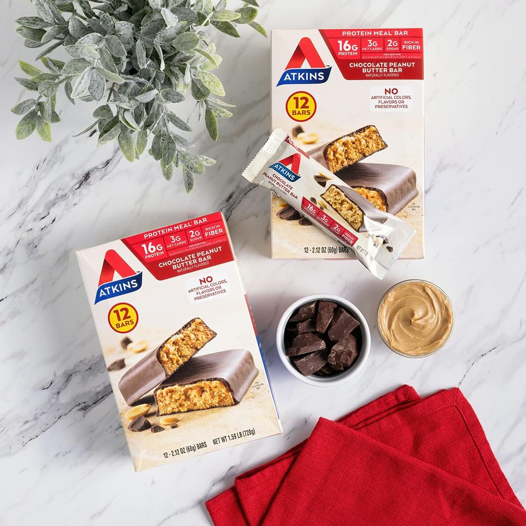 Atkins Chocolate Peanut Butter Protein Meal Bars - High Fiber, 16g Protein, 2g Sugar, 3g Net Carb - 12 Count - Meal Replacement, Low Carb, Keto Friendly