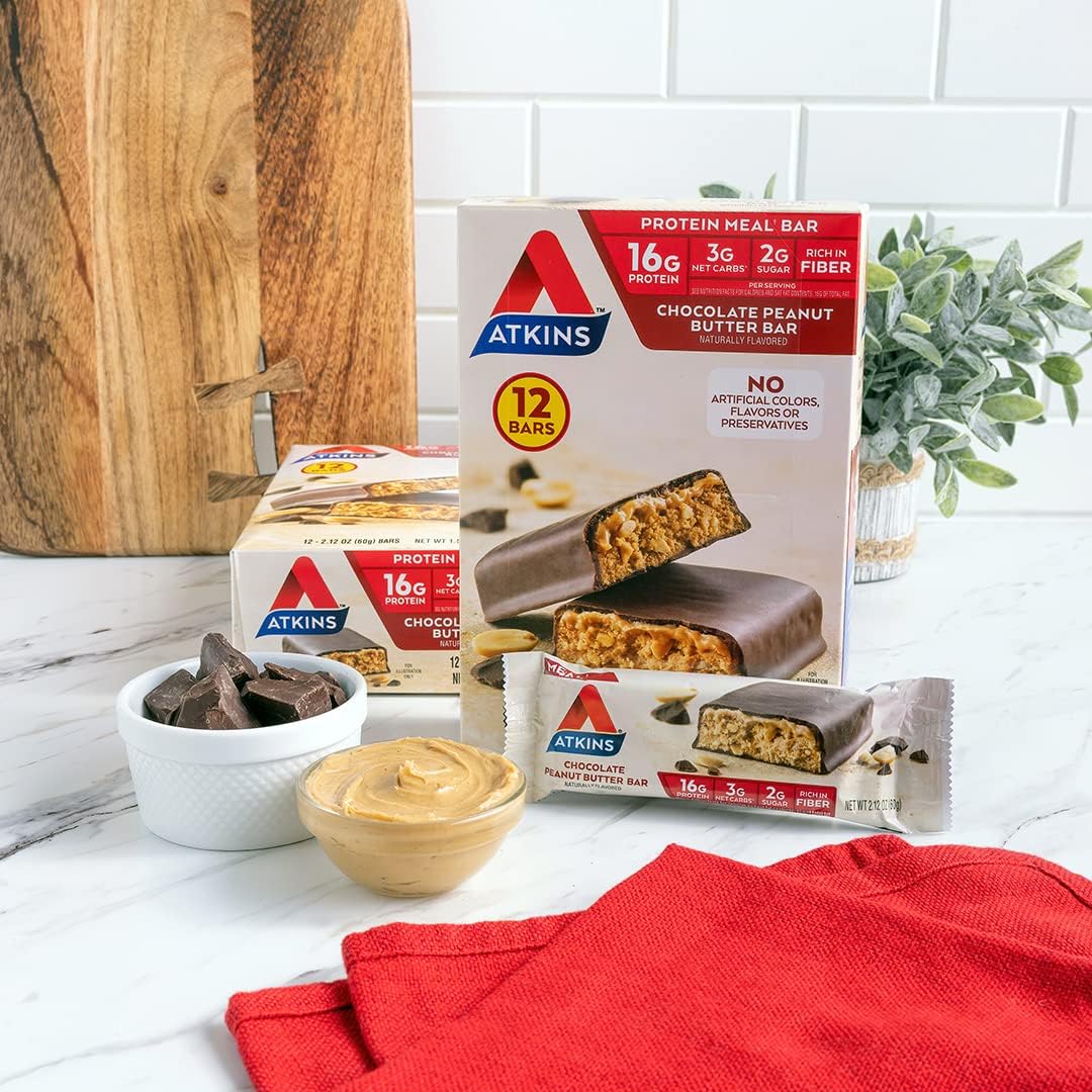 Atkins Chocolate Peanut Butter Protein Meal Bars - High Fiber, 16g Protein, 2g Sugar, 3g Net Carb - 12 Count - Meal Replacement, Low Carb, Keto Friendly
