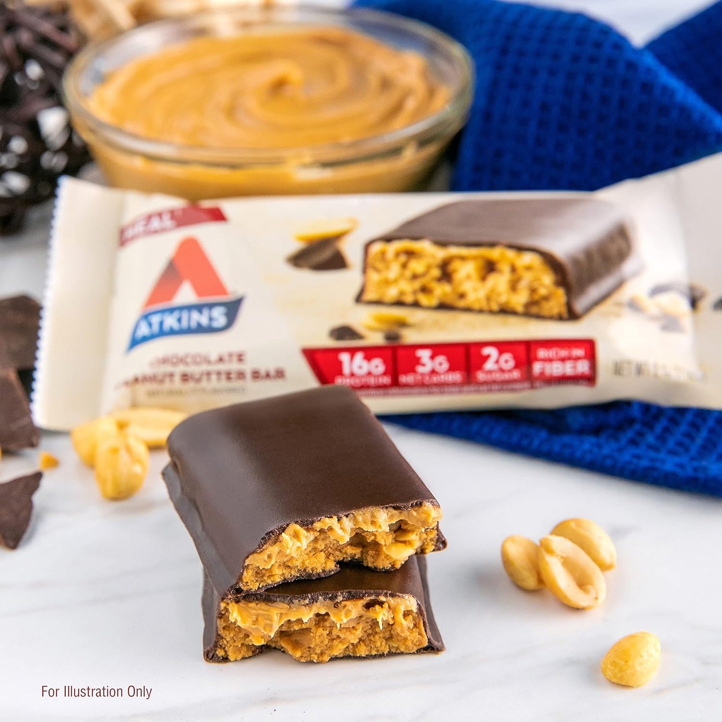 Atkins Chocolate Peanut Butter Protein Meal Bars - High Fiber, 16g Protein, 2g Sugar, 3g Net Carb - 12 Count - Meal Replacement, Low Carb, Keto Friendly