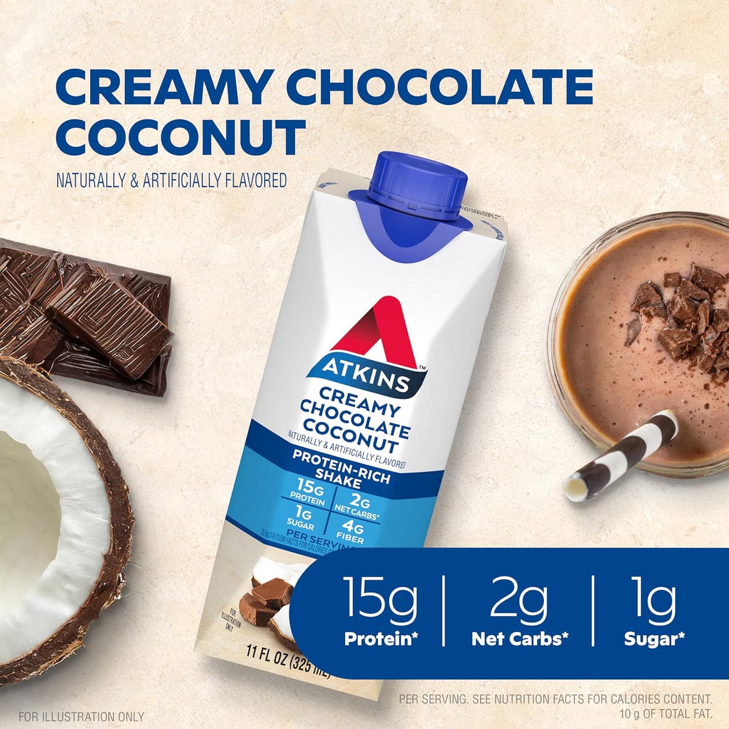 Atkins Creamy Chocolate Coconut Protein Shake - 12 Count, 15g Protein, 2g Net Carbs, Low Sugar, Keto-Friendly