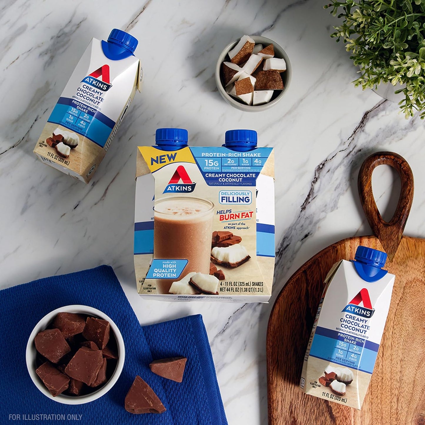 Atkins Creamy Chocolate Coconut Protein Shake - 12 Count, 15g Protein, 2g Net Carbs, Low Sugar, Keto-Friendly