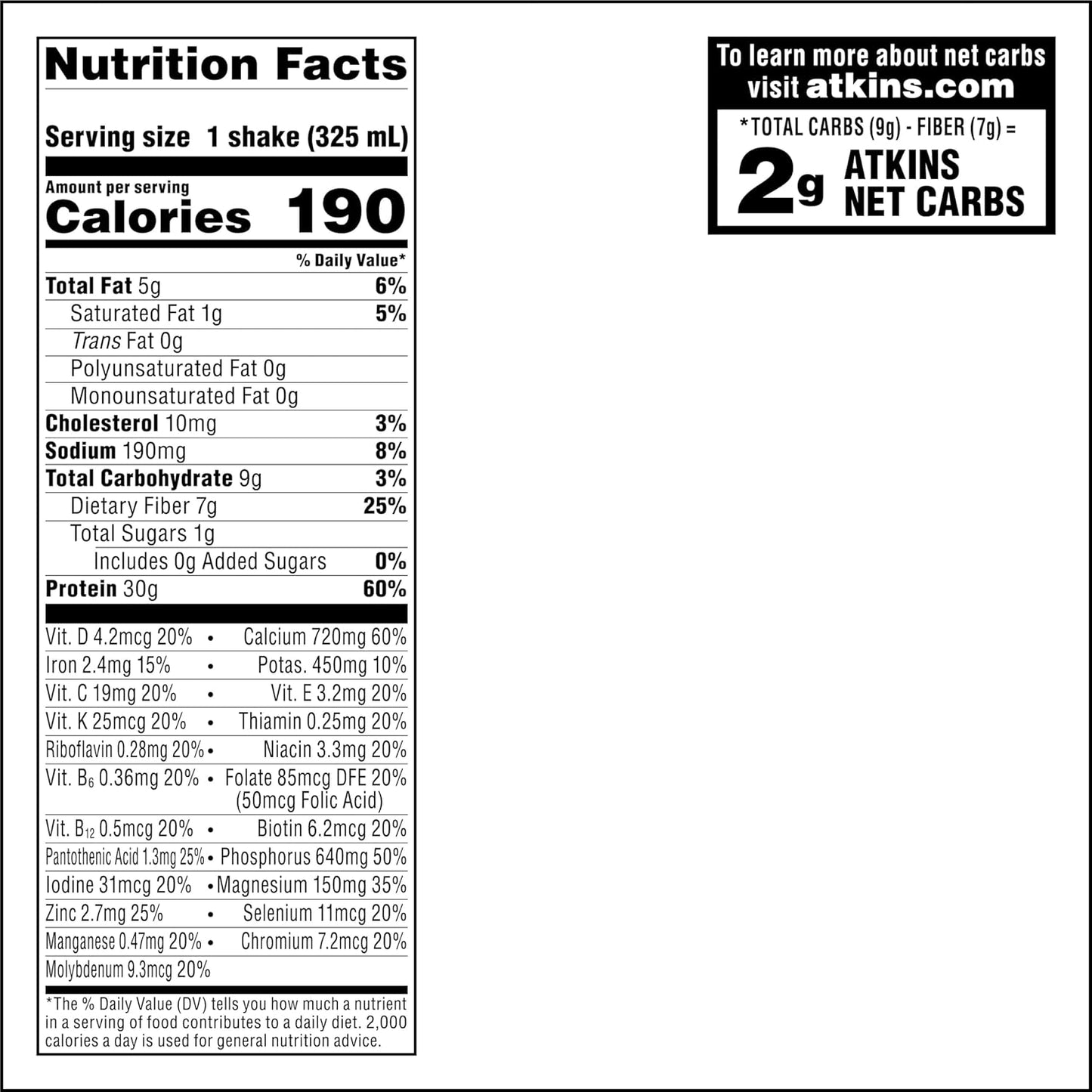 Atkins Creamy Milk Chocolate Protein Shake - 30g Protein, 7g Fiber, 2g Net Carb - Keto Friendly, Low Carb - 12 Count
