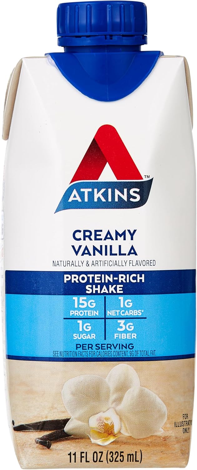 Atkins Creamy Vanilla Protein Shake: 15g Protein, Low Glycemic, 2g Net Carb, Keto Friendly - 4 Pack