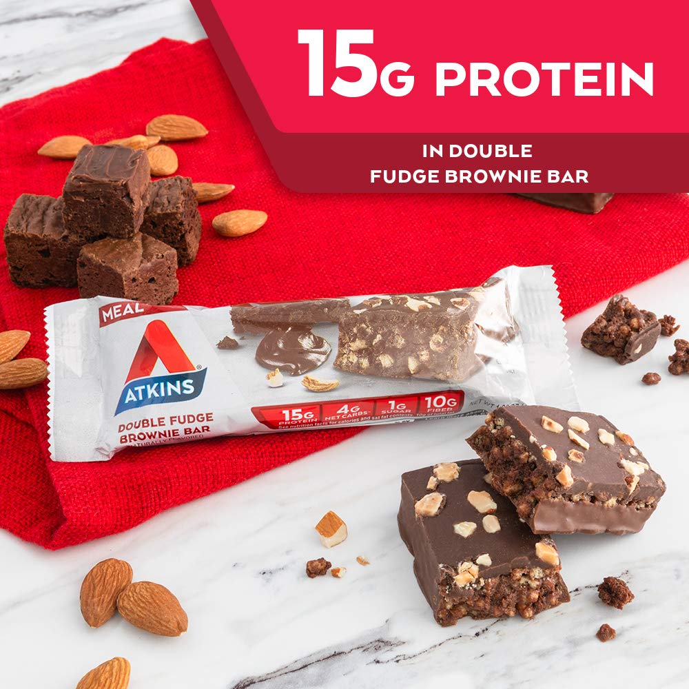 Atkins Double Fudge Brownie Protein Meal Bar: High Fiber, 15g Protein, 1g Sugar, 4g Net Carb - Keto-Friendly Meal Replacement