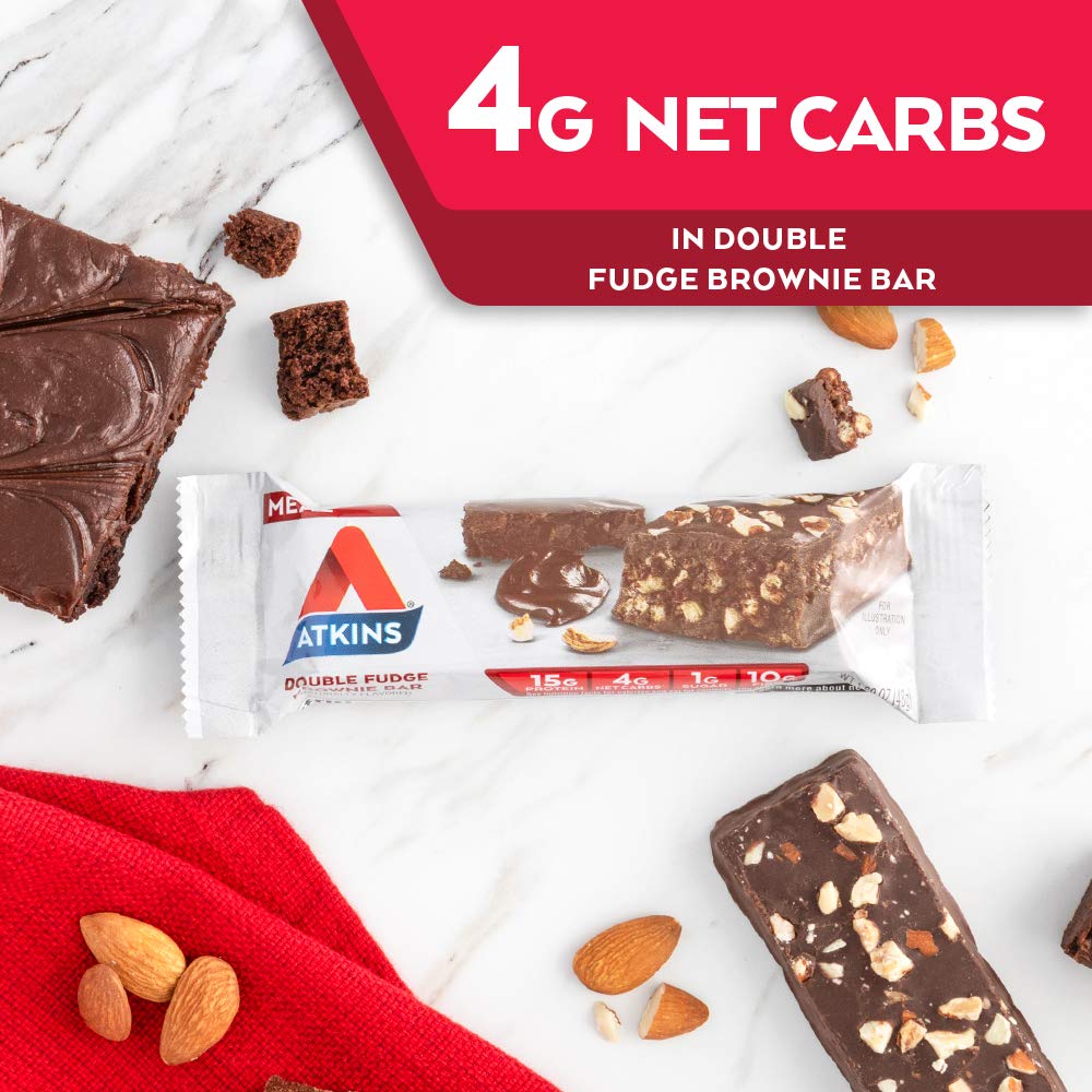 Atkins Double Fudge Brownie Protein Meal Bar: High Fiber, 15g Protein, 1g Sugar, 4g Net Carb - Keto-Friendly Meal Replacement