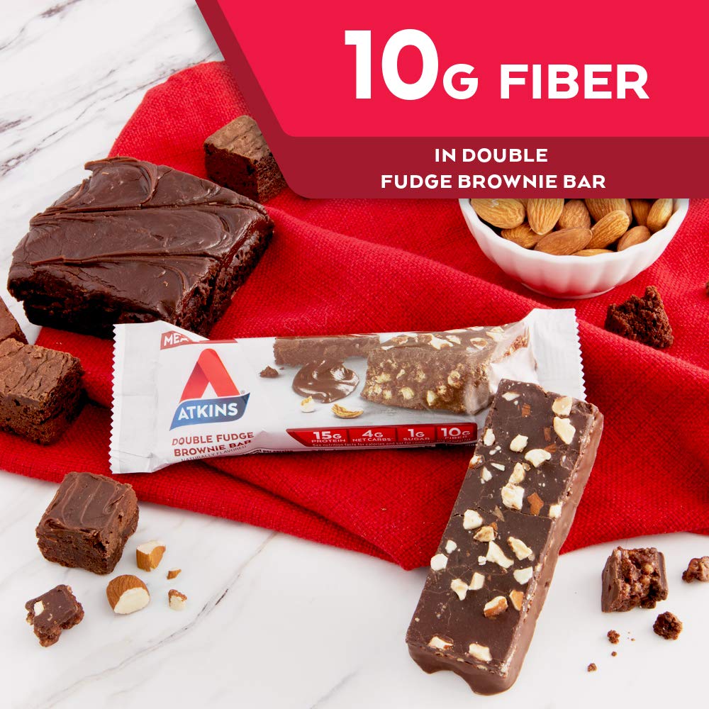 Atkins Double Fudge Brownie Protein Meal Bar: High Fiber, 15g Protein, 1g Sugar, 4g Net Carb - Keto-Friendly Meal Replacement