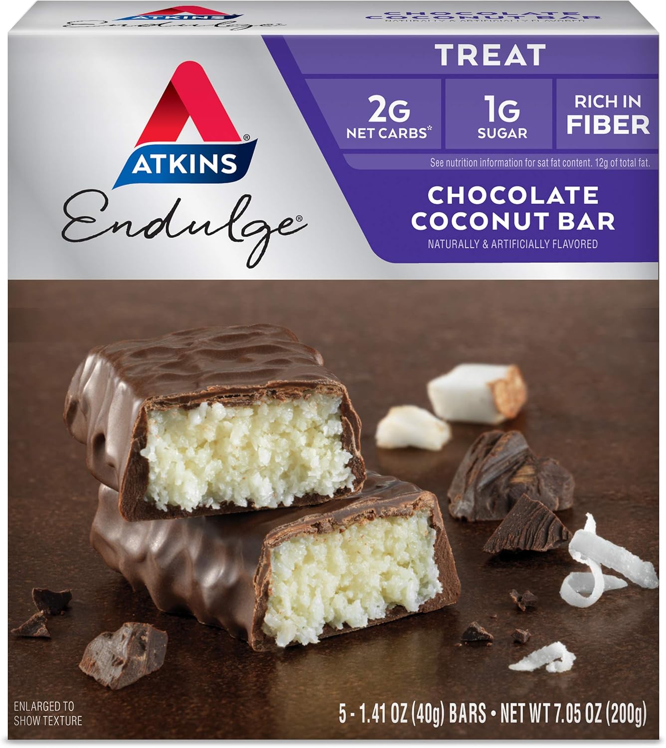 Atkins Endulge Chocolate Caramel & Coconut Bars - Low Sugar, High Fiber Snack, 5 Bars
