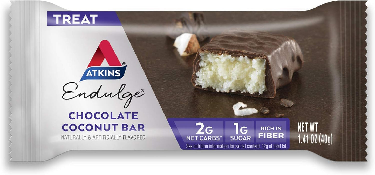 Atkins Endulge Chocolate Caramel & Coconut Bars - Low Sugar, High Fiber Snack, 5 Bars