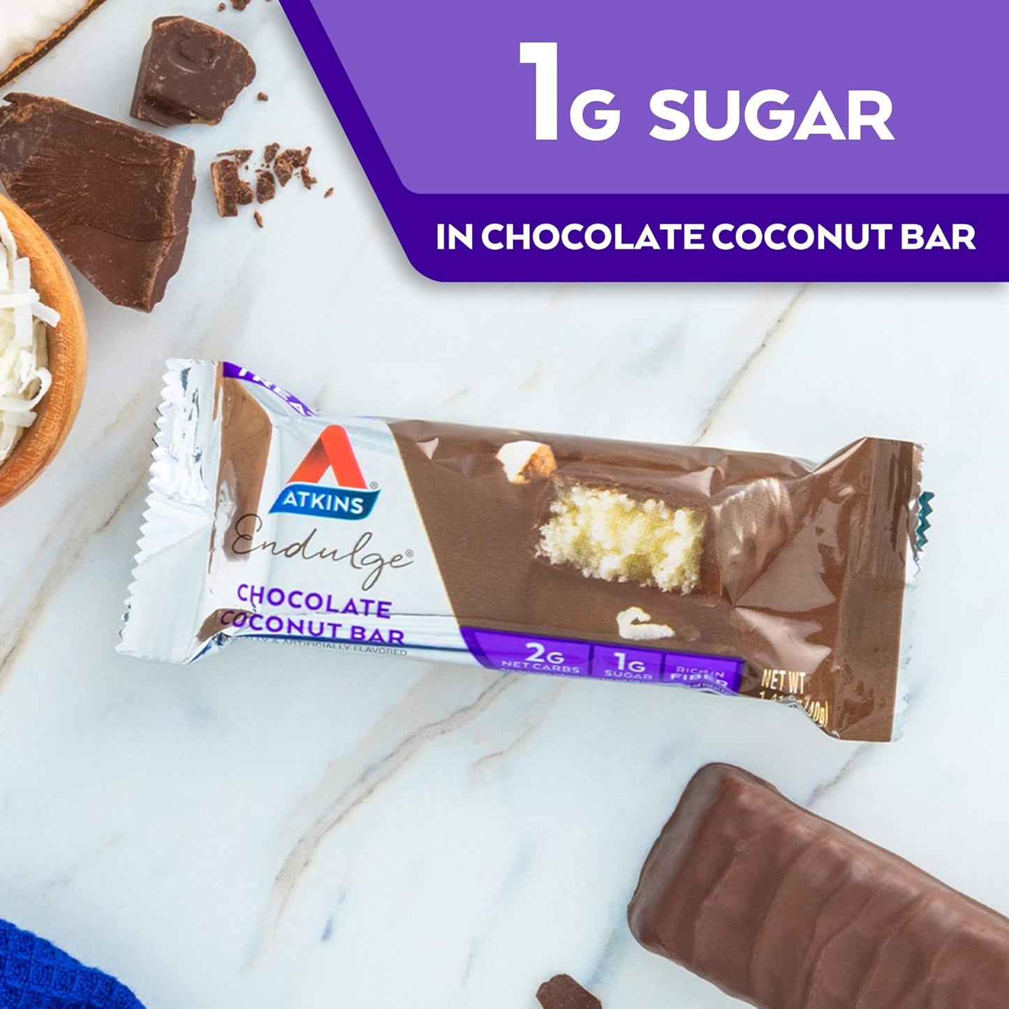 Atkins Endulge Chocolate Caramel & Coconut Bars - Low Sugar, High Fiber Snack, 5 Bars