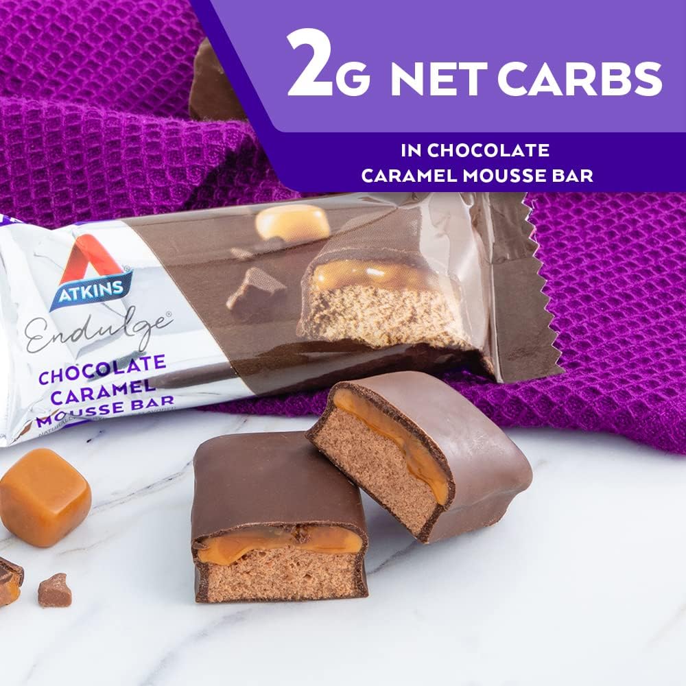 Atkins Endulge Chocolate Caramel Mousse Bars - Low Sugar Dessert, High Fiber Snack, 20 Bars Total