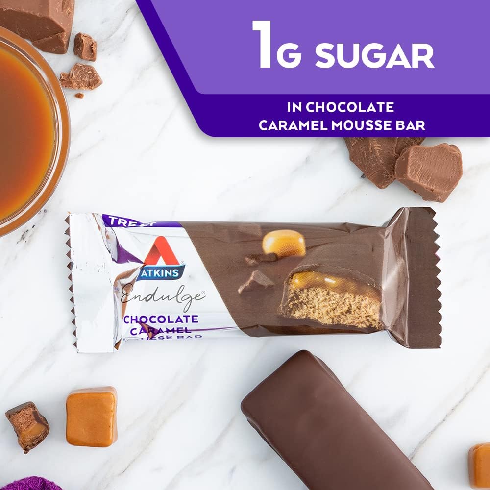 Atkins Endulge Chocolate Caramel Mousse Bars - Low Sugar Dessert, High Fiber Snack, 20 Bars Total