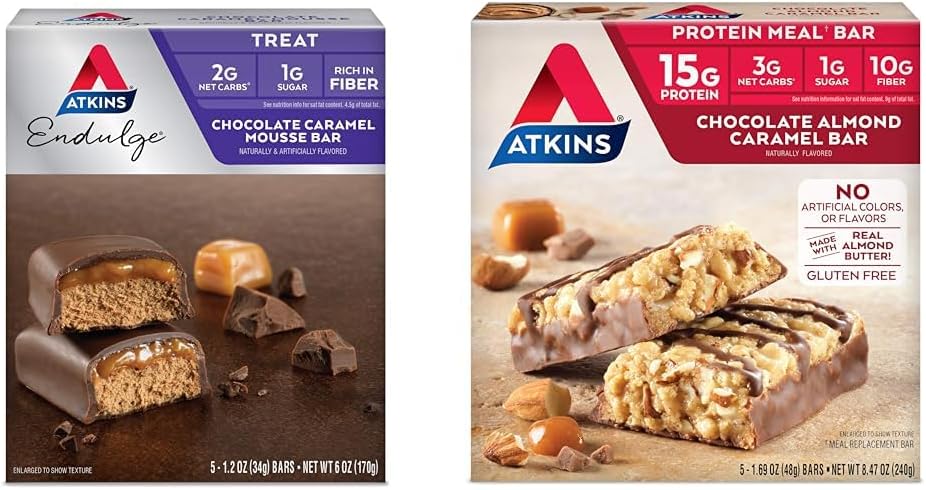 Atkins Endulge Chocolate Caramel Mousse & Chocolate Almond Caramel Bars - 10 Count, Low Sugar, High Fiber, Keto-Friendly
