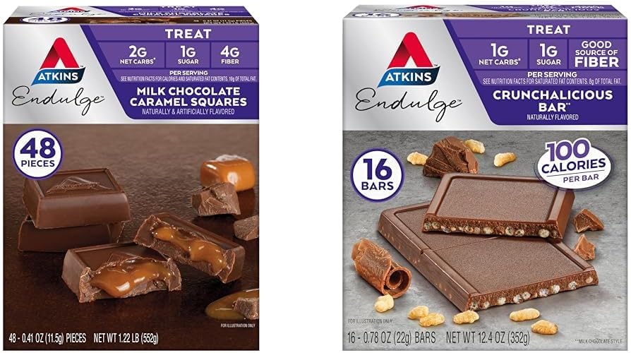Atkins Endulge Milk Chocolate Caramel Squares 48 Count & Crunchalicious Chocolate Bars 16 Count - Variety Pack for Low Carb Diets