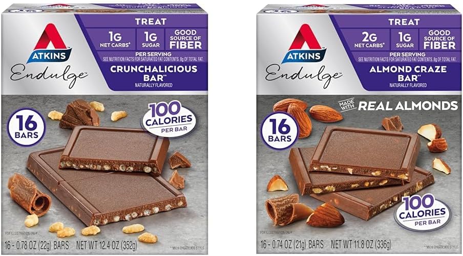 Atkins Endulge Treat Bars, Crunchalicious & Almond Craze Flavors, Low Net Carbs, High Fiber, Keto-Friendly, 16 Count