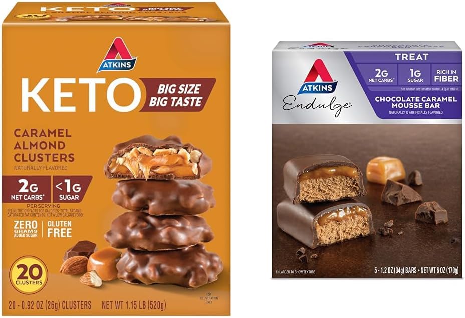 Atkins Gluten Free Caramel Almond Clusters & Chocolate Caramel Mousse Bar Bundle - Low Sugar, High Fiber, Keto Friendly, 25 Count