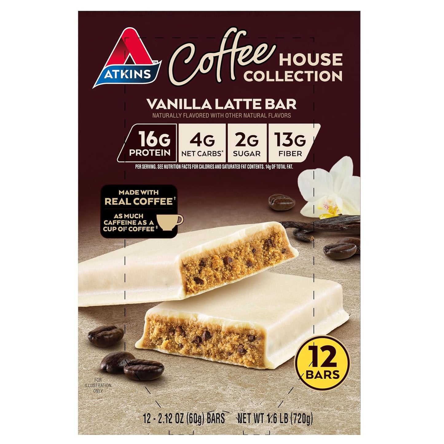 Atkins Vanilla Latte Bar: High Protein, Low Sugar, Low Net Carbs - 12 Count