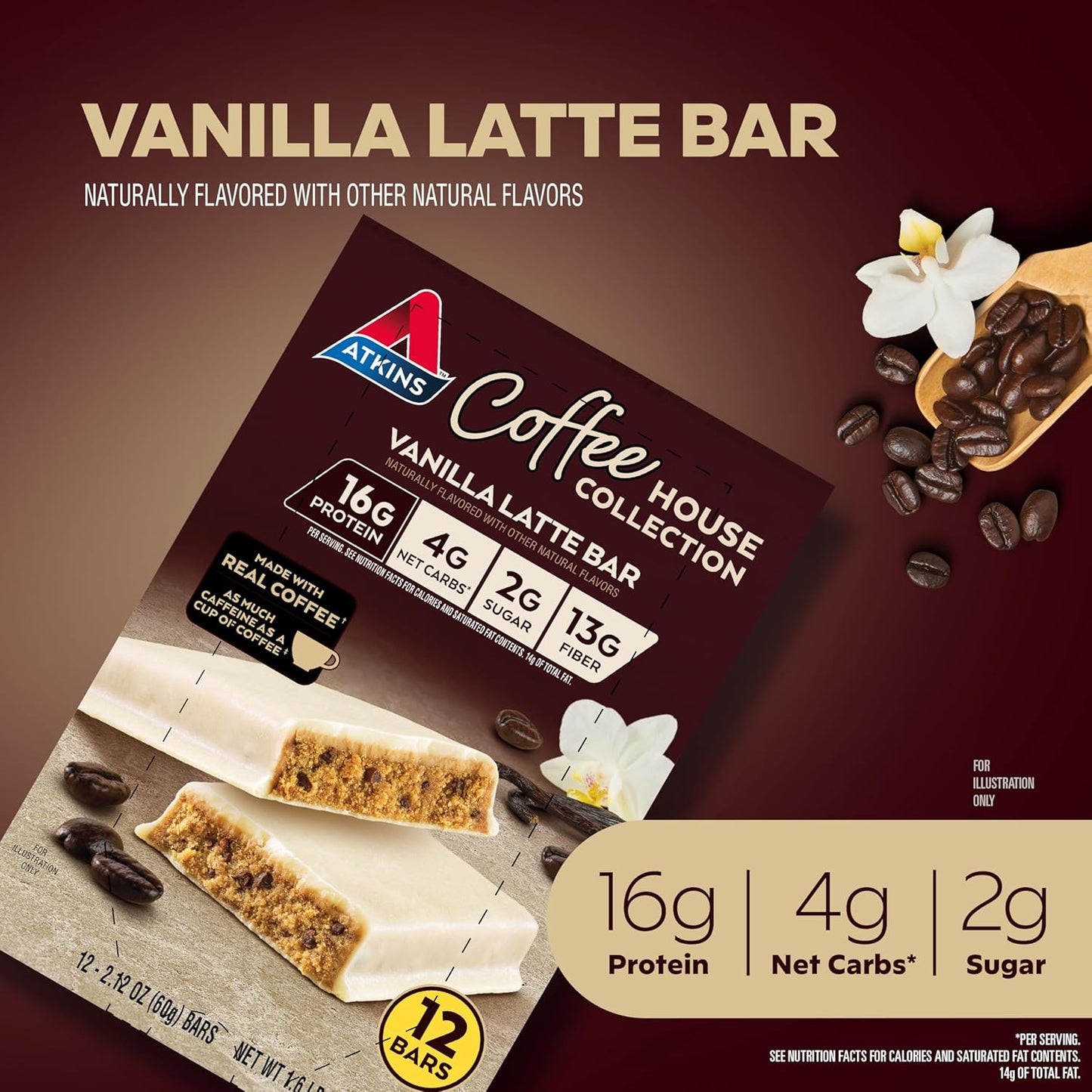 Atkins Vanilla Latte Bar: High Protein, Low Sugar, Low Net Carbs - 12 Count
