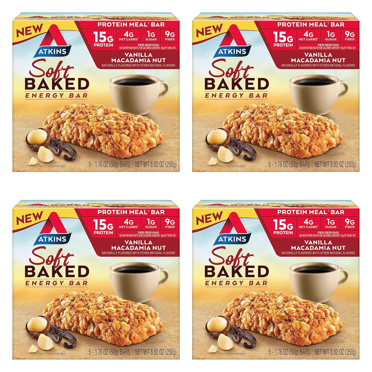 Atkins Vanilla Macadamia Nut Soft Baked Energy Bars - High Protein, Low Sugar, Fiber-Rich - 20 Bars