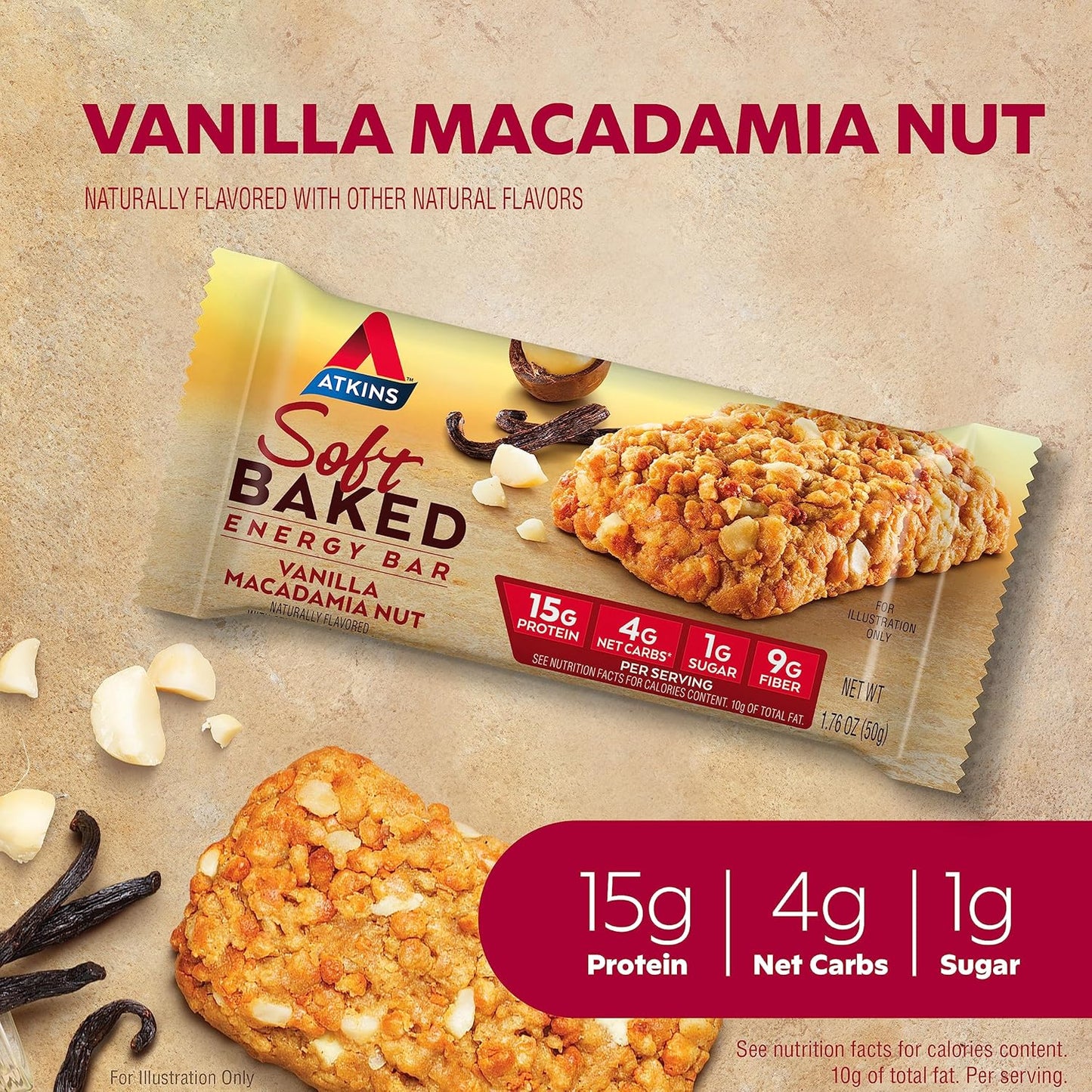Atkins Vanilla Macadamia Nut Soft Baked Energy Bars - High Protein, Low Sugar, Fiber-Rich - 20 Bars