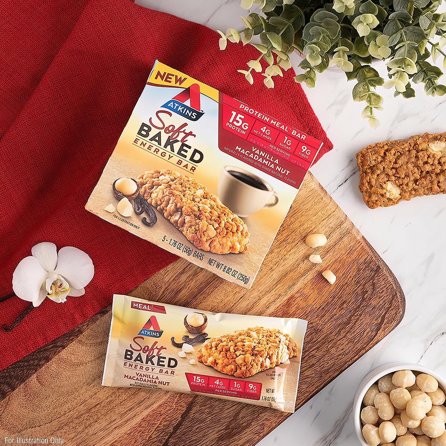 Atkins Vanilla Macadamia Nut Soft Baked Energy Bars - High Protein, Low Sugar, Fiber-Rich - 20 Bars