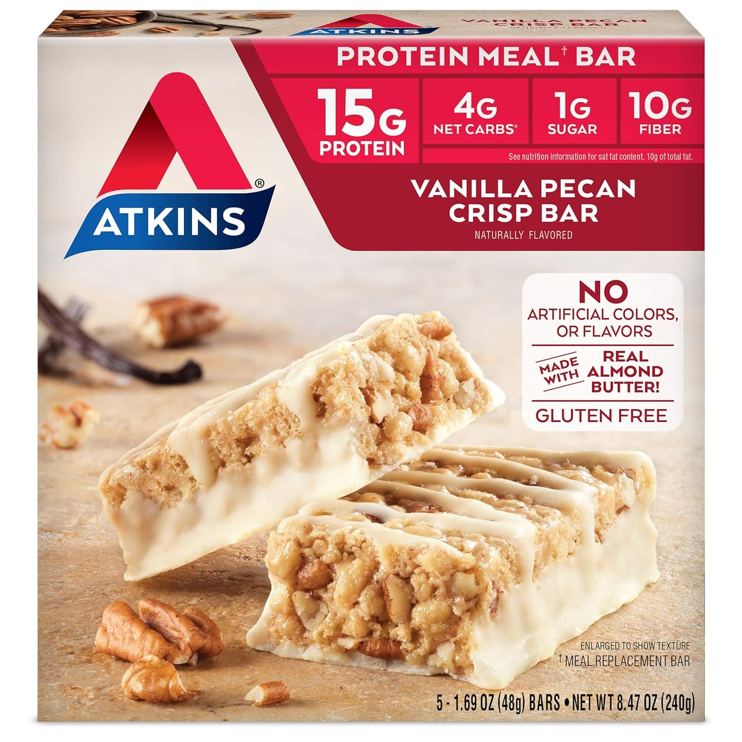 Atkins Vanilla Pecan Crisp Protein Meal Bar - High Fiber, Low Sugar, Keto-Friendly - 5 Count