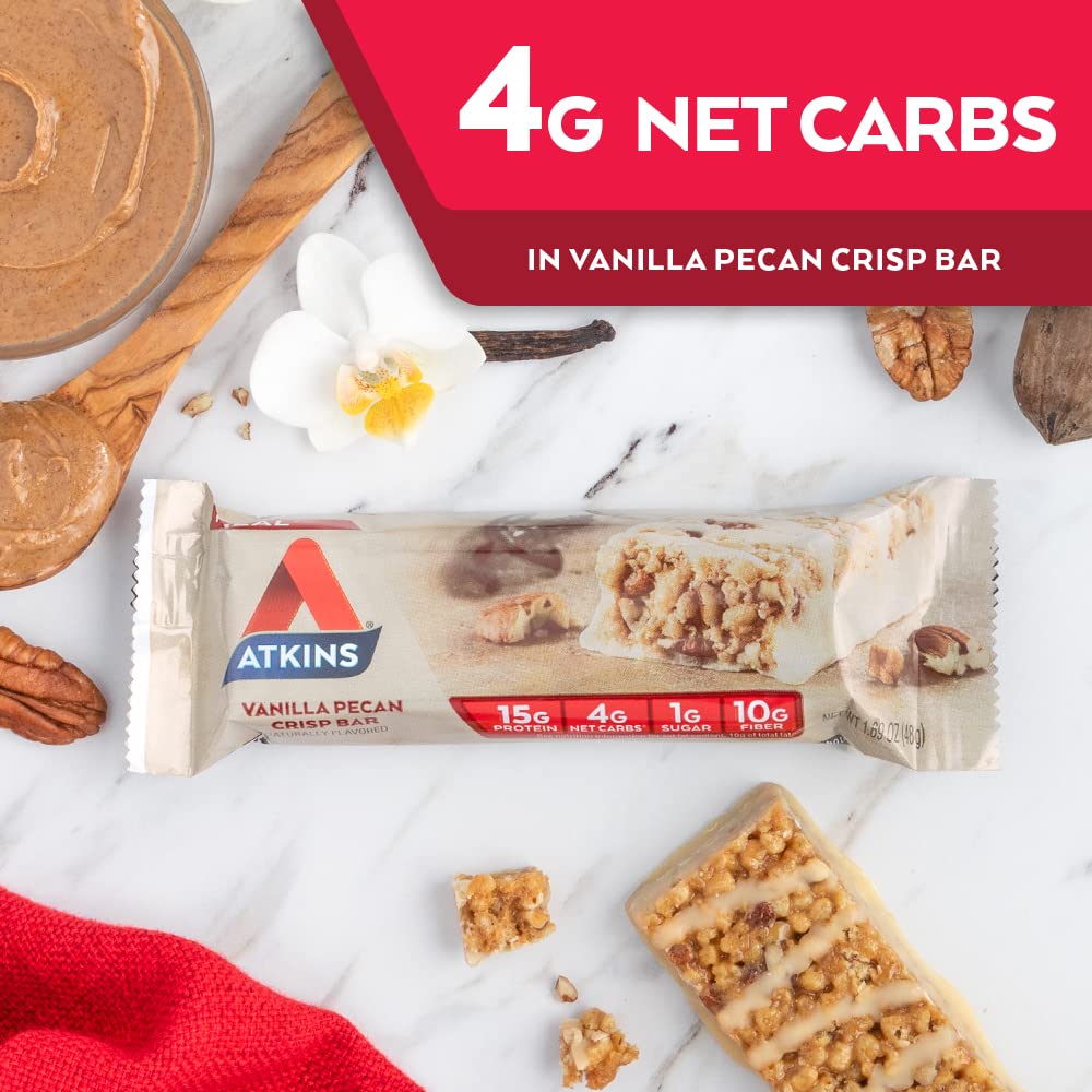 Atkins Vanilla Pecan Crisp Protein Meal Bar - High Fiber, Low Sugar, Keto-Friendly - 5 Count