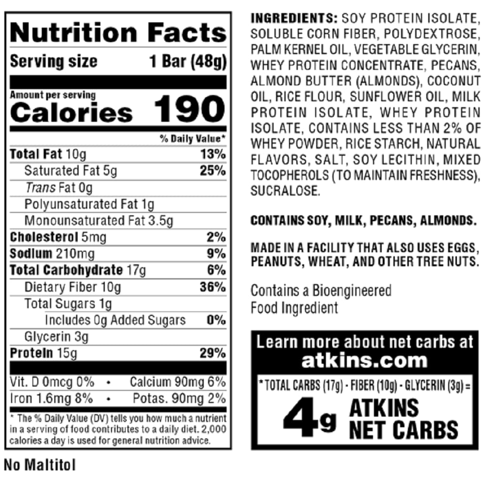 Atkins Vanilla Pecan Crisp Protein Meal Bar - High Fiber, Low Sugar, Keto-Friendly - 5 Count