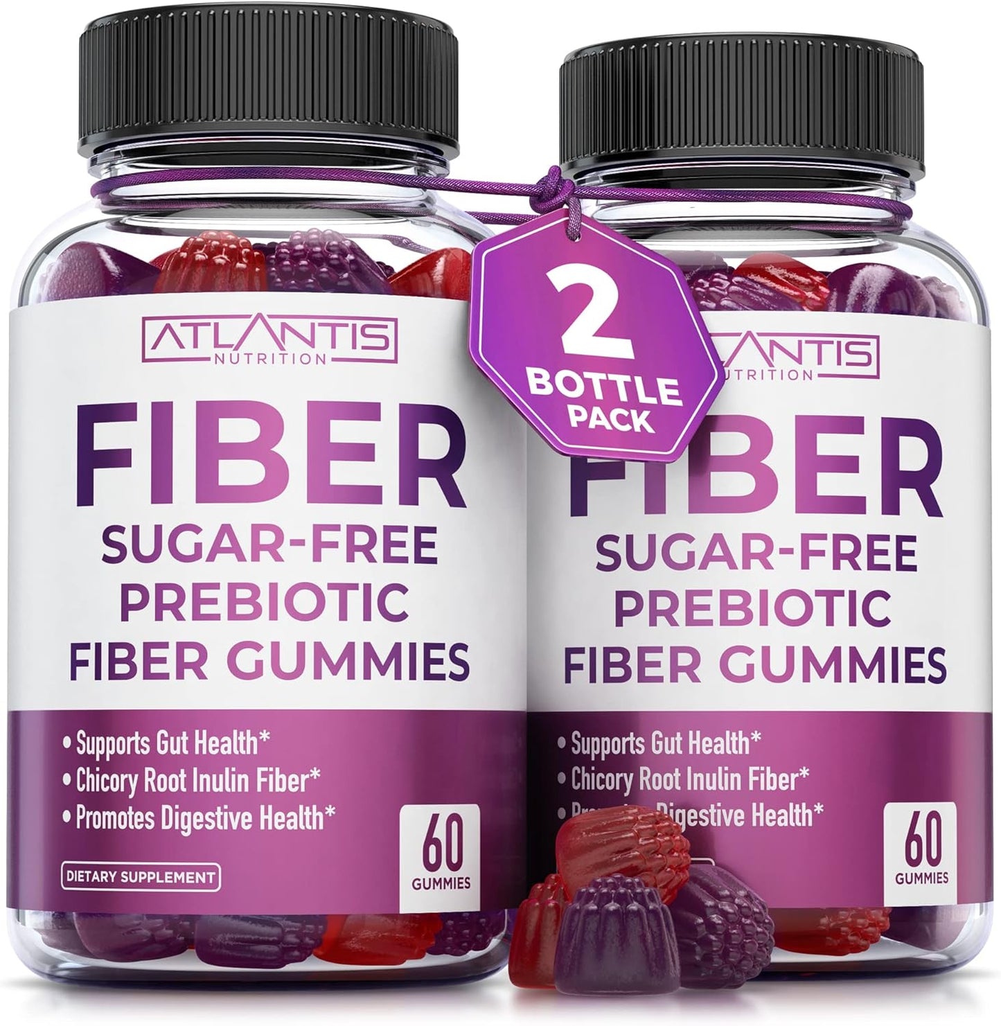 Atlantis Nutrition Adult Sugar-Free Fiber Gummies - 5G Fiber Supplement with Prebiotic Blend for Gut Health - 2-Pack 120 Gummies