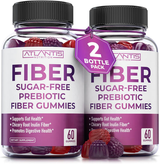 Atlantis Nutrition Adult Sugar-Free Fiber Gummies - 5G Fiber Supplement with Prebiotic Blend for Gut Health - 2-Pack 120 Gummies