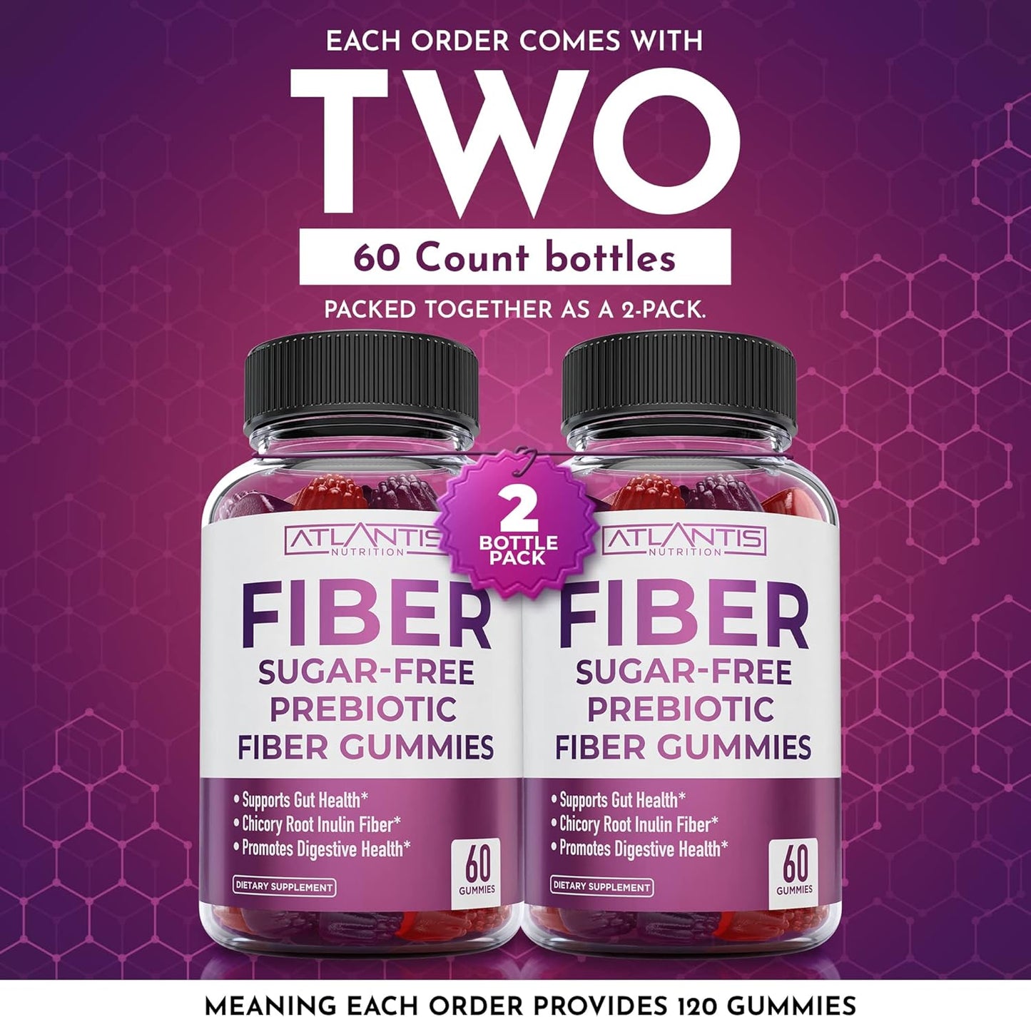 Atlantis Nutrition Adult Sugar-Free Fiber Gummies - 5G Fiber Supplement with Prebiotic Blend for Gut Health - 2-Pack 120 Gummies