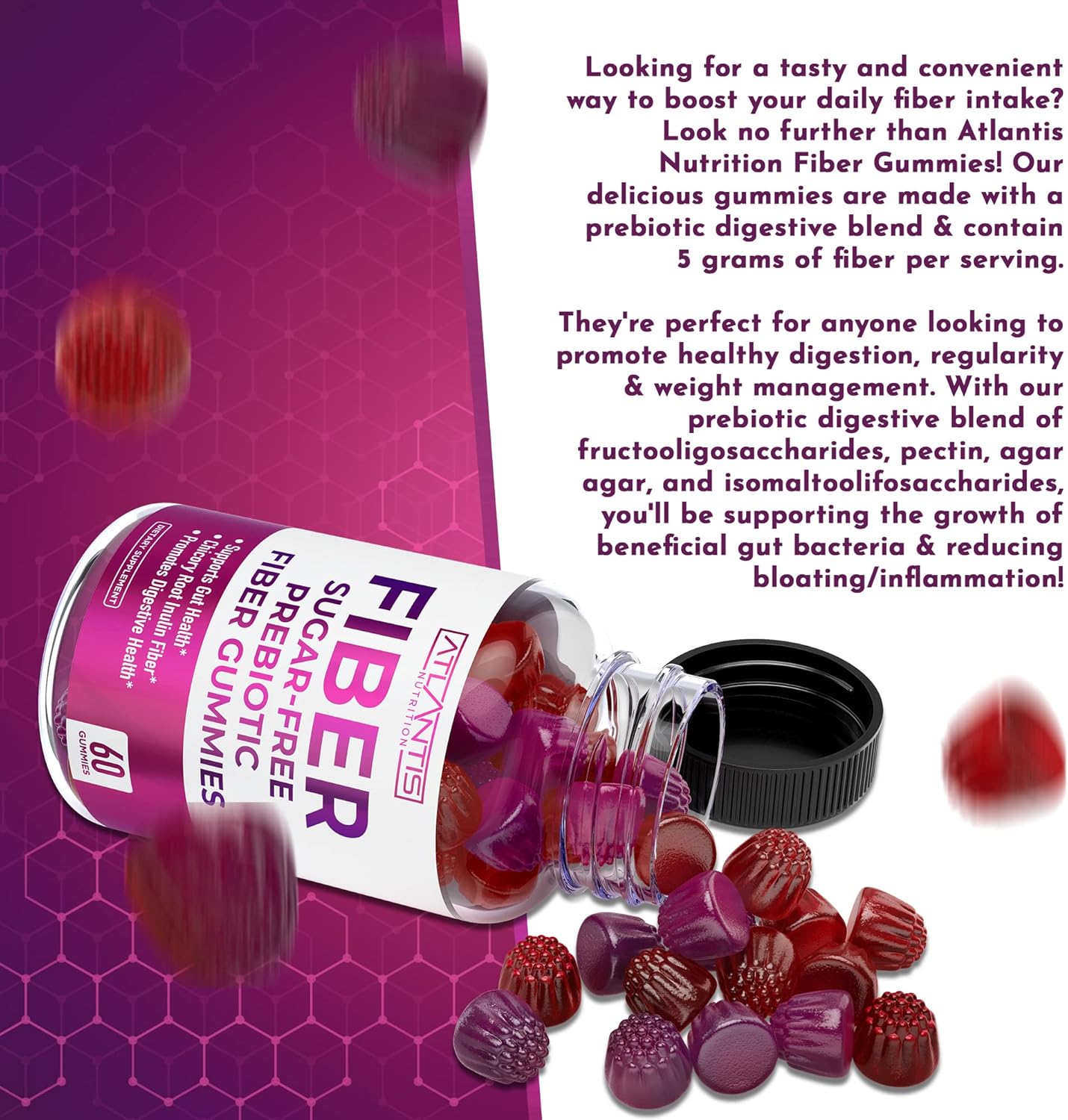 Atlantis Nutrition Adult Sugar-Free Fiber Gummies - 5G Fiber Supplement with Prebiotic Blend for Gut Health - 2-Pack 120 Gummies