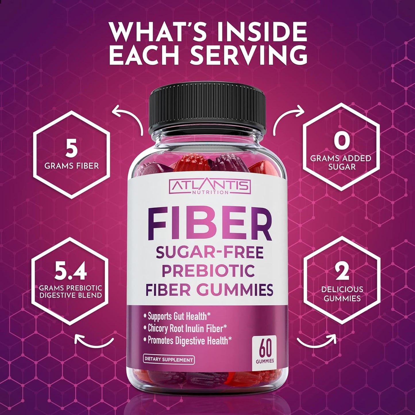 Atlantis Nutrition Adult Sugar-Free Fiber Gummies - 5G Fiber Supplement with Prebiotic Blend for Gut Health - 2-Pack 120 Gummies