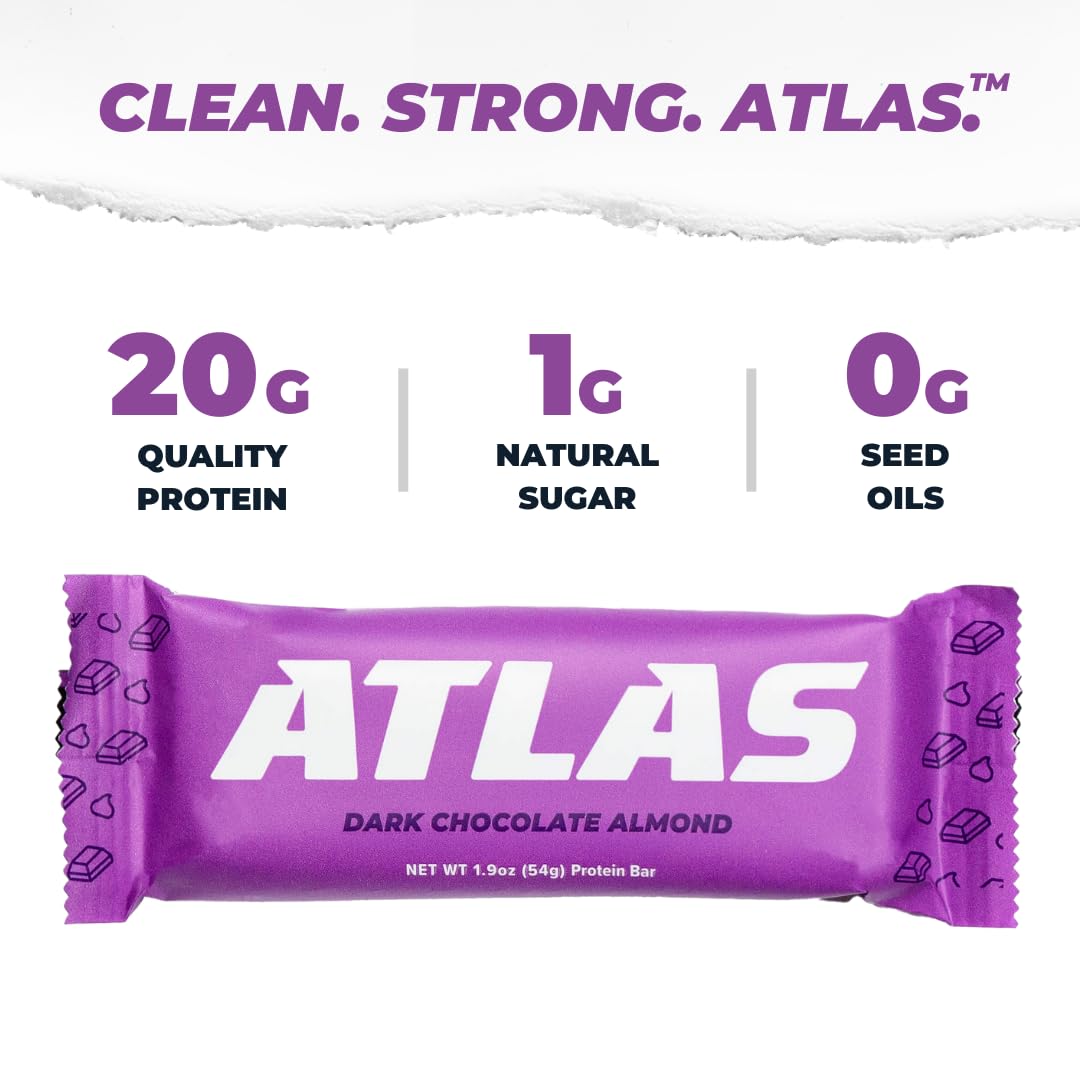 Atlas Protein Bar Dark Chocolate Almond - 20g Protein, 1g Sugar, Gluten Free - 24 Bars
