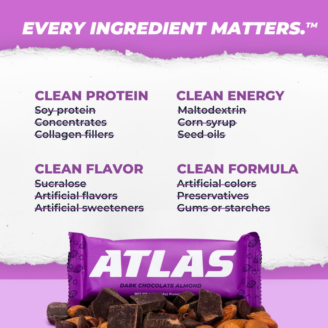 Atlas Protein Bar Dark Chocolate Almond - 20g Protein, 1g Sugar, Gluten Free - 24 Bars