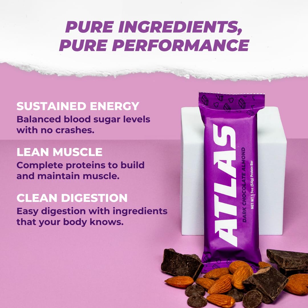 Atlas Protein Bar Dark Chocolate Almond - 20g Protein, 1g Sugar, Gluten Free - 24 Bars